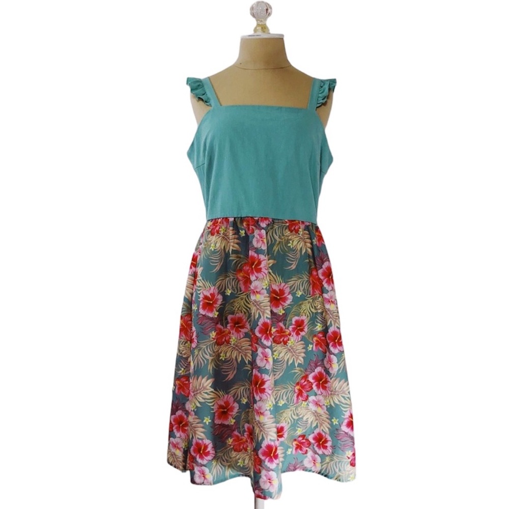 NWT PatPat Midi Turquoise Hawaiian Floral Flutter Sleeve Tank Dress Size L - Picture 1 of 8